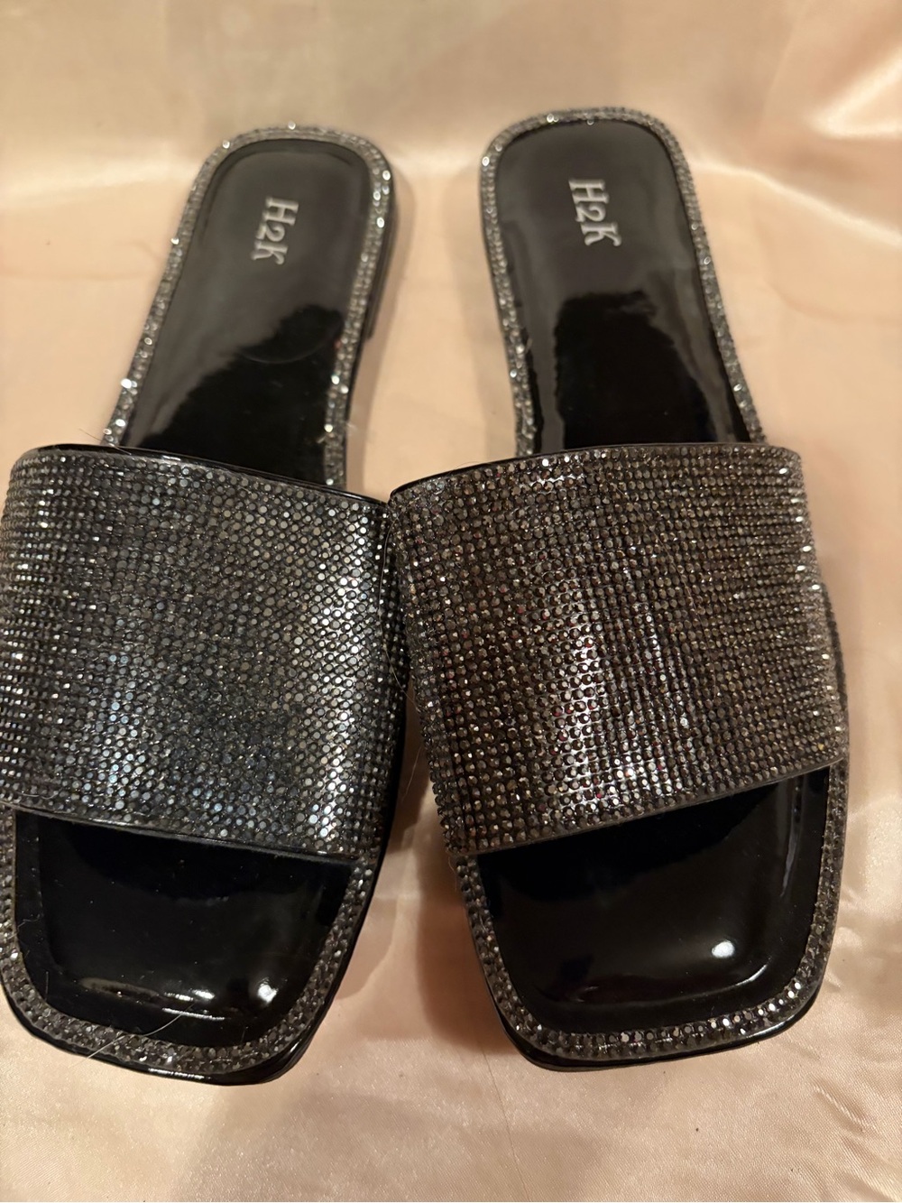 H2K Black Crystal-Embellished Slide Mules